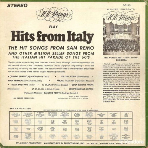101 Strings Million Seller Hits From Italy vinyl record used, jazz