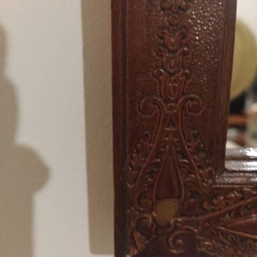 Antique carved wooden mirror used, dark brown oak
