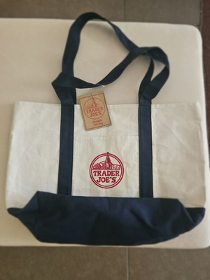 Trader Joe's canvas tote bag, white and navy shoulder bag