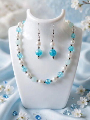 Handmade beaded summer necklace and earrings set in blue and white, new