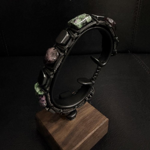 Men's leather bracelet with garnet, ruby zoisite, and hematite, new