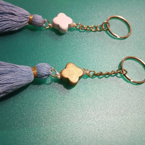 Set of 2 Keychains Light Blue Pom Pom, Wooden White and Gold Cross New, Handmade, for bag