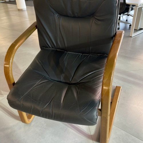 Black Leather Bergere Chair with Wooden Frame New, Comfortable Armchair