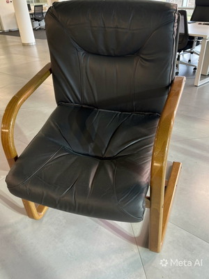 Black Leather Bergere Chair with Wooden Frame New, Comfortable Armchair