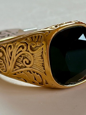 Gold Signet Ring with Black Onyx-Look Stone, Size US 12, Brand New