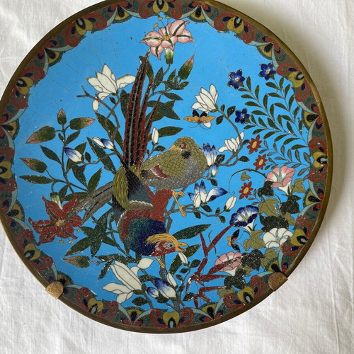 Japanese Meiji era cloisonné plate used, enamel on copper