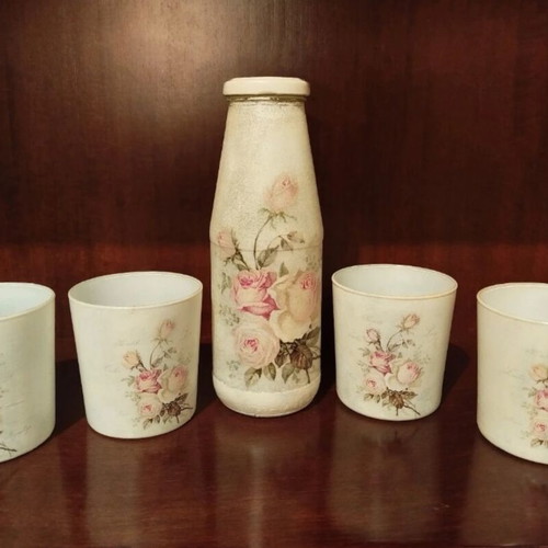 Handmade decorative set with bottle and glasses vintage floral design