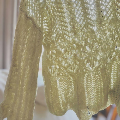 Pastel green sheer open knit oversized sweater with collar and scalloped hem new