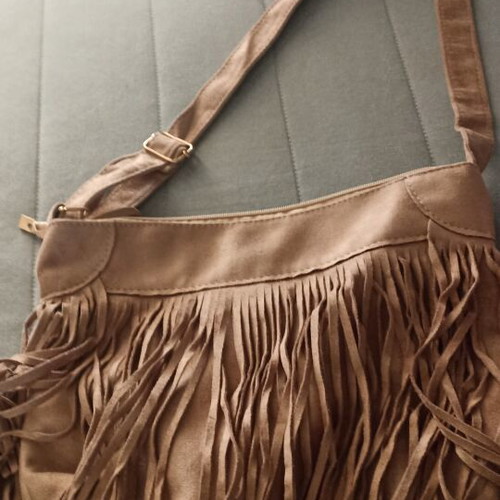 Suede crossbody bag with fringes like new, beige