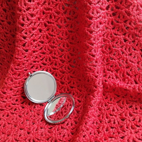 Red merino and silk crochet shawl with sequins