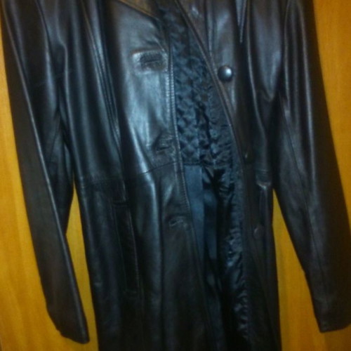 Long leather jacket used, black, genuine leather, vintage