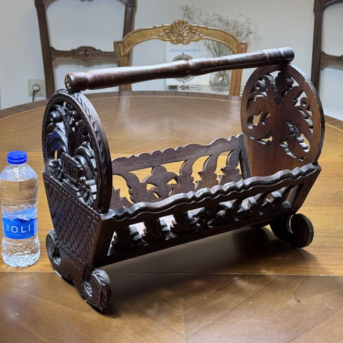 Wooden magazine holder, traditional hand-carved folk art design