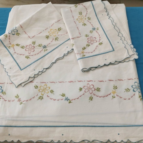 Handmade Double Bed Sheet Set with Pillowcases, Floral Embroidery, Like New