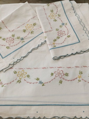 Handmade Double Bed Sheet Set with Pillowcases, Floral Embroidery, Like New