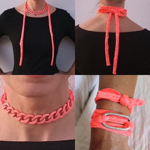 Elastic necklace and bracelet set with chain, coral-pink