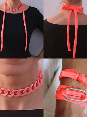 Elastic necklace and bracelet set with chain, coral-pink
