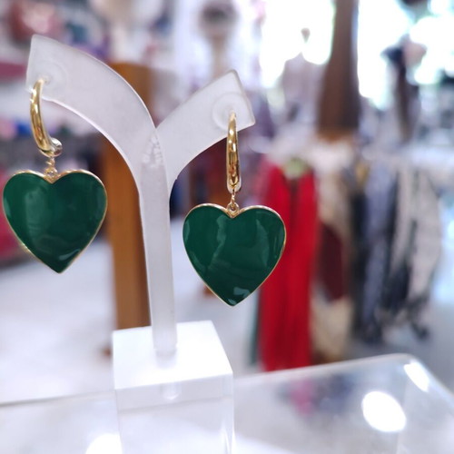 Steel earrings with green heart and luxury half hoop new