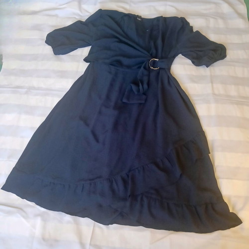 Kazi navy blue midi dress 3xl new, wrap style with ruffles