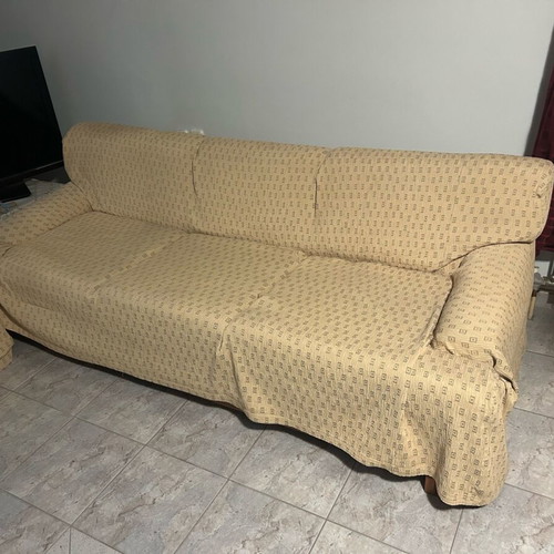 Handmade solid wood living room set like new (3-seater, 2-seater, armchair) with cushions