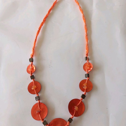 Handmade necklace new, orange with buttons and silver details