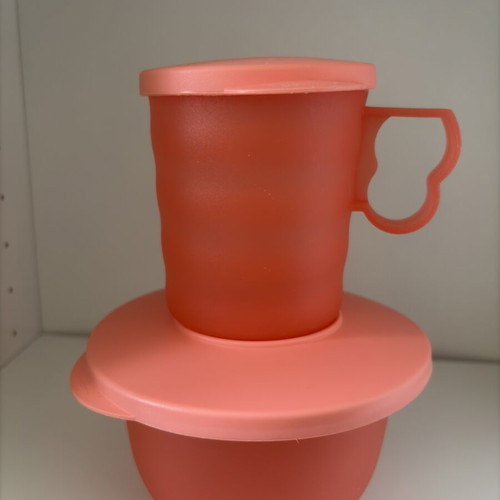 Vintage Tupperware food set used, CrystalWave cup & Impressions bowl coral