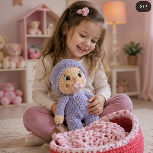 Amigurumi knitted baby with bassinet new