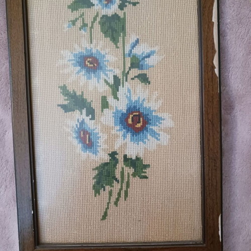 Vintage embroidered textile painting flowers used, framed