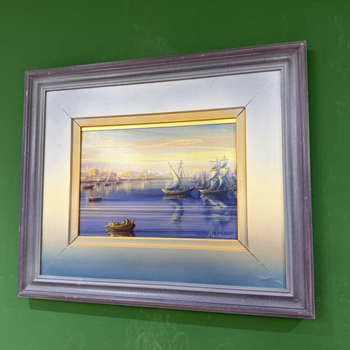 D. Nalbantis oil painting with wooden frame, view of Constantinople