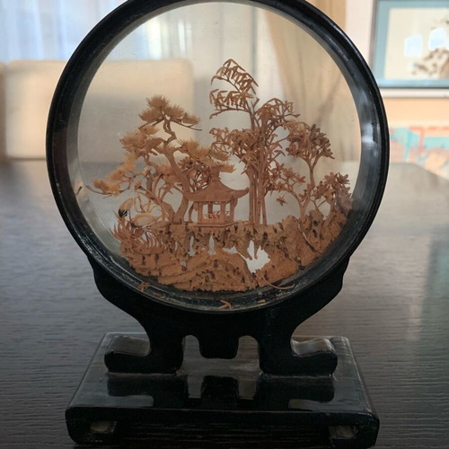 Diorama micro-sculpture on cork used with wooden base and glass