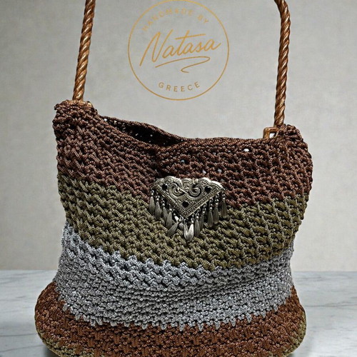 Handmade brown handbag with knitted texture and silver decoration, new