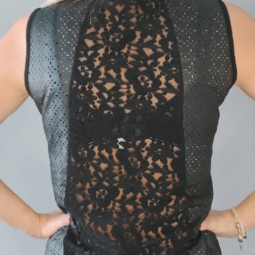 Sleeveless black top with leatherette and lace like new