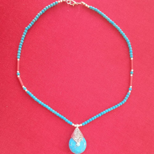Handmade necklace with natural Iranian turquoise and coral stones, new