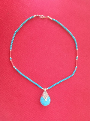 Handmade necklace with natural Iranian turquoise and coral stones, new