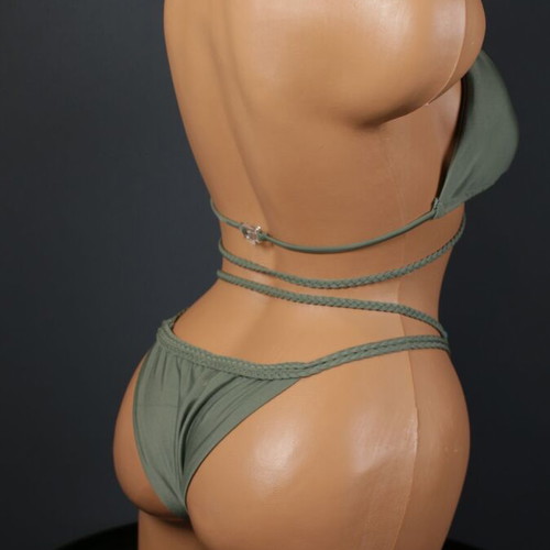 Bikini two-piece green with braided shibari cords new
