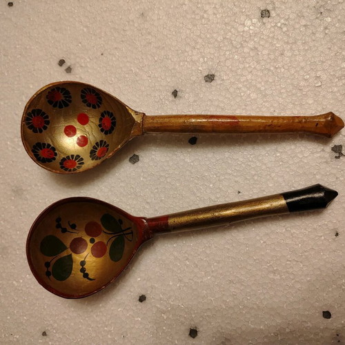 Set of wooden Japanese hand-painted spoons restored