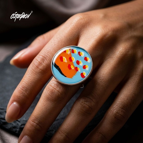 Reflexion Adjustable Ring Hand-Painted Stainless Steel Blue Orange