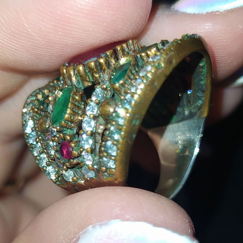Ring decorated with rubies, emeralds and zirconia, size 7