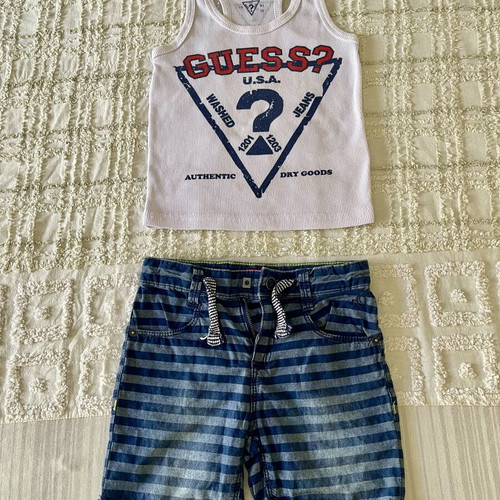 Guess boys' set size 3 years like new, white top and striped shorts