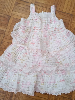 White dress with faint check and ruffles, age 4