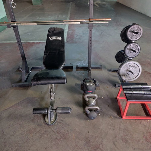 Home Gym Set like new with Viking bench, weights, kettlebells, plyo box