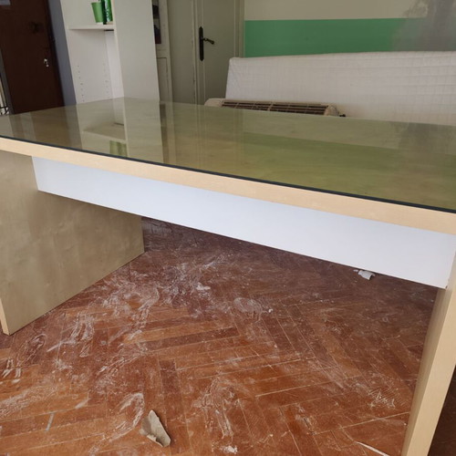 Wooden desk with glass top used, large and comfortable