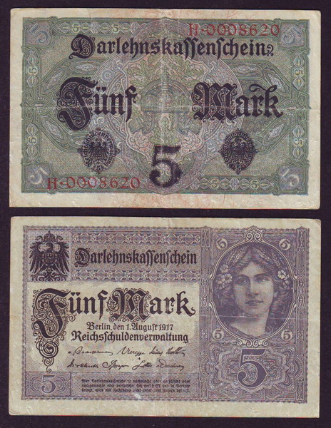 Γερμανία  DEUTCHLAND 5 MARK GERMANY  1917 DARLEHNSKAFFENSCH  (2ХК0,08ю064)