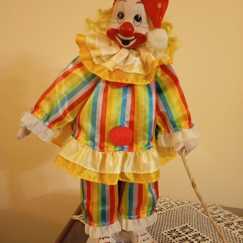 Colorful Carl Clown porcelain doll used, Heritage Mint Ltd 1989