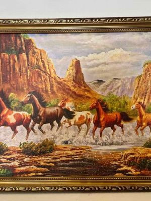 Vintage διακοσμητικό κάδρο με σκηνή με άλογα 34x44 μεταχειρισμένο
