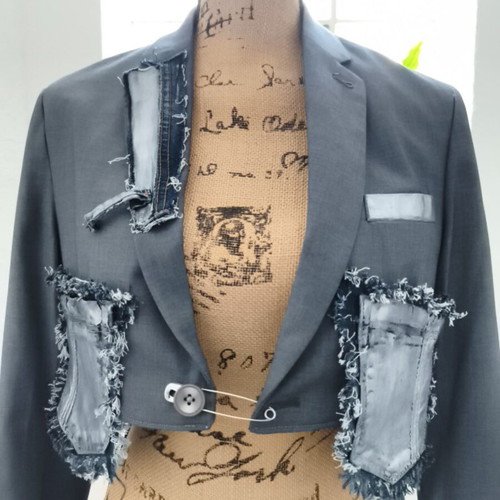 Handmade upcycled cropped blazer with denim details