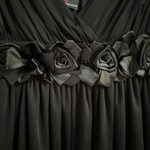 Vintage Style Black Chiffon Mini Dress with Satin Rosette Belt, Size M