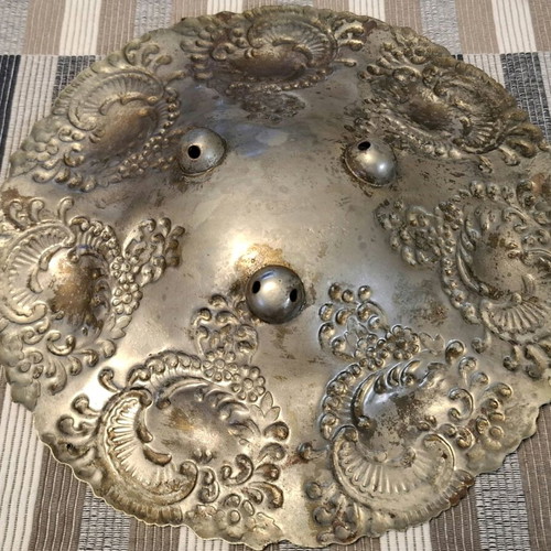 Metal carved platter used, old, 25 cm diameter