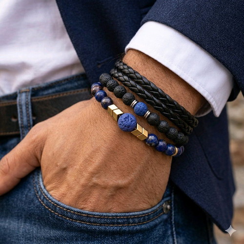 Lava bracelet men's new with hematite and lapis stones