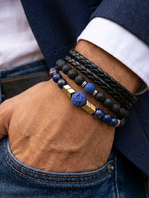 Lava bracelet men's new with hematite and lapis stones
