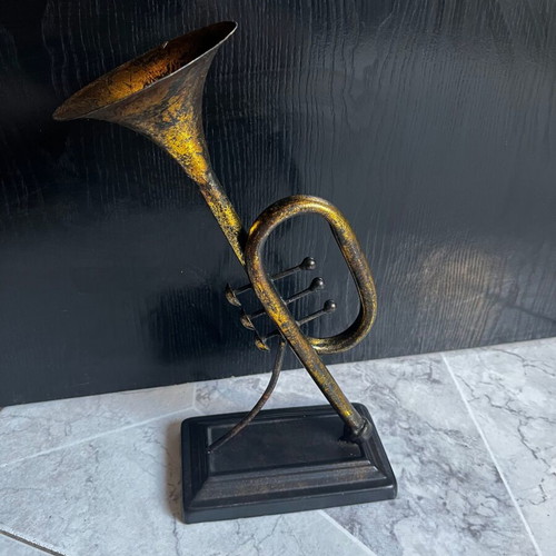 Vintage decorative musical instrument 30 cm with base, bronze finish